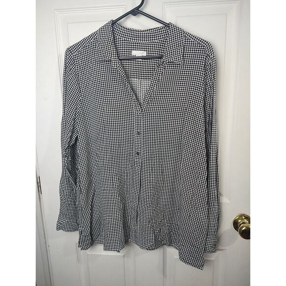 J.Jill Woman LP Blouse Black White Hounds tooth V Neck Collared Long Sleeve... - Picture 1 of 10